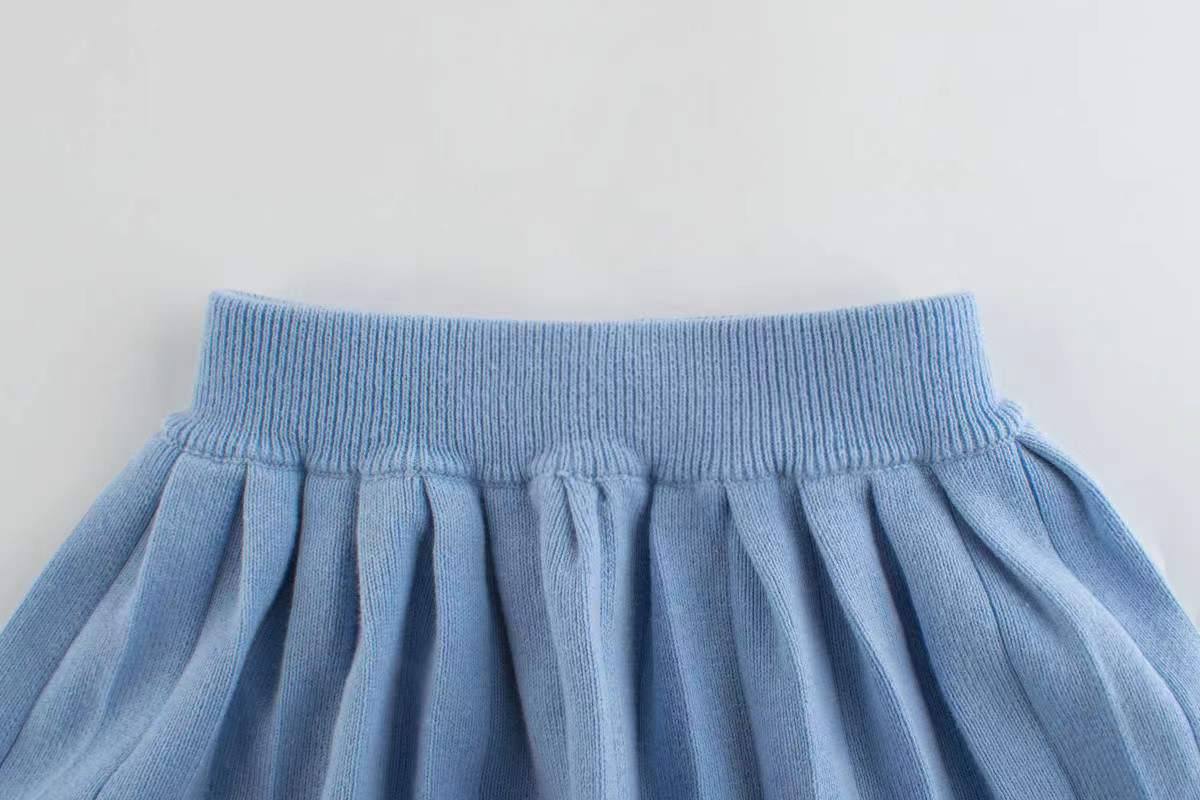 Girls Navy Collar Top Combo Skirt Knitwear Sets