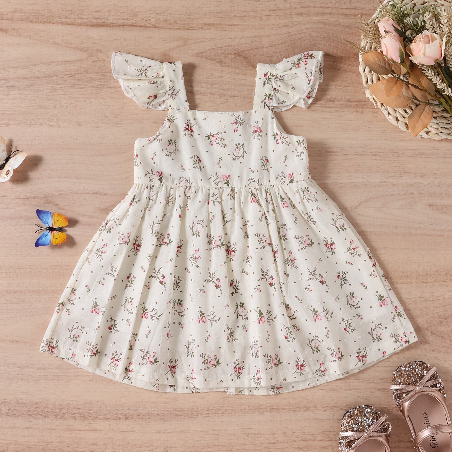 Baby Girl Ditsy Floral Print Butoon Front Butterfly Sleeve Dress My Kids-USA