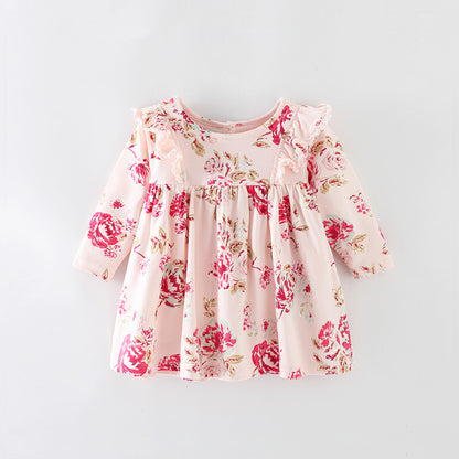 Baby Girl Floral Pattern Ruffle Design Long Sleeve Princess Dress