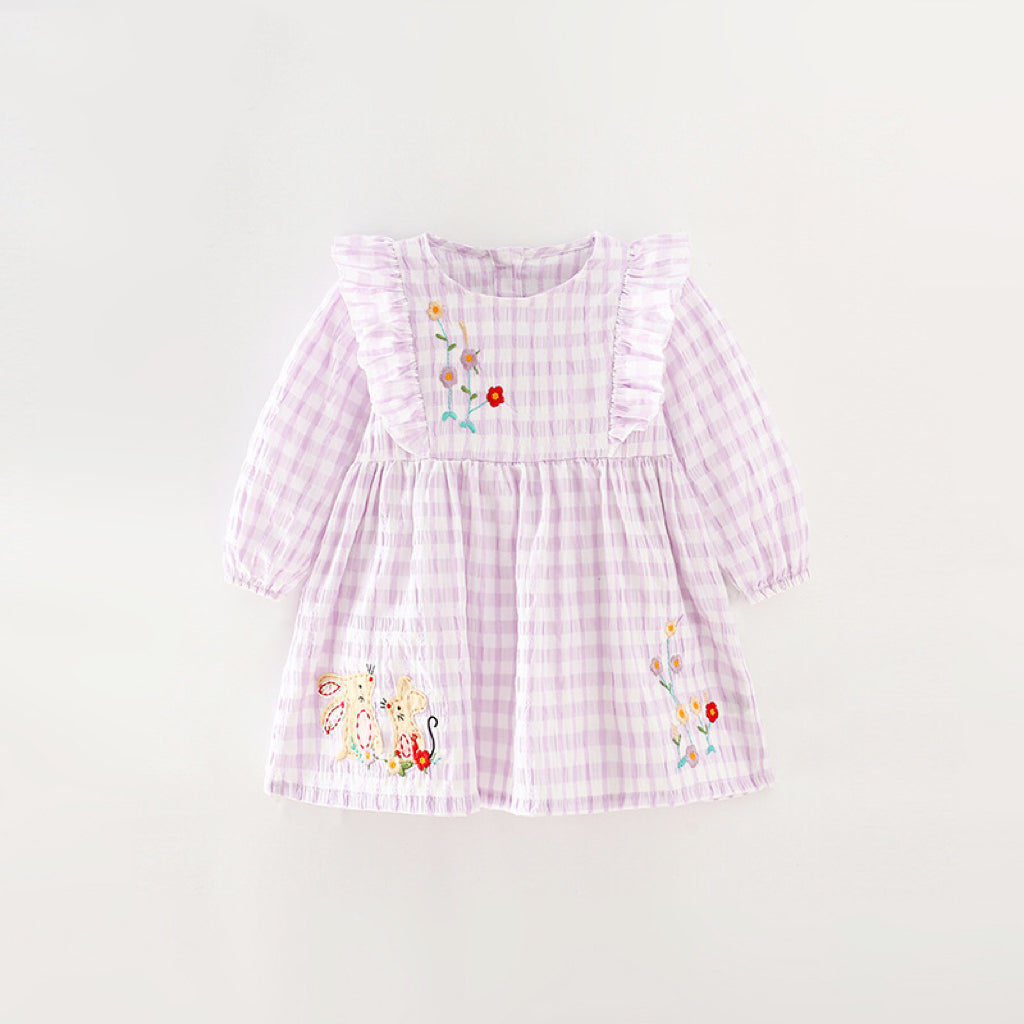 Baby Girl Plaid Pattern Embroidered Design Long Sleeve Dress My Kids-USA