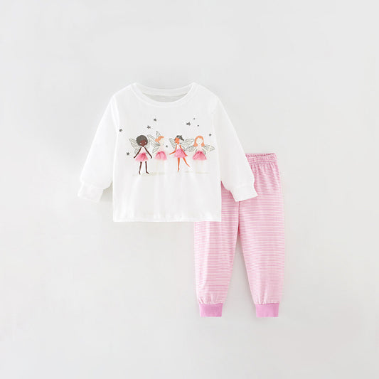 Baby Girl Elf Print Pattern White Hoodie And Striped Pant Sets