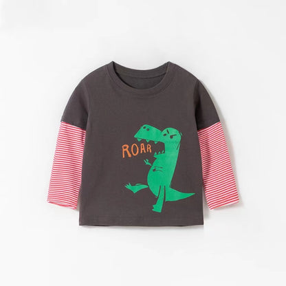 Baby Boy Cartoon Dinosaur Pattern Striped Contrast Sleeves Shirt My Kids-USA