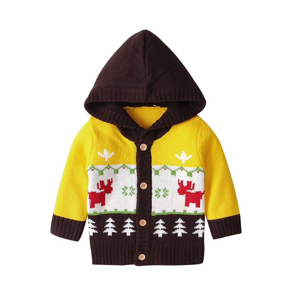 Baby Cartoon Christmas Giraffe Pattern Contrast Design Sweater Cardigan With Hat My Kids-USA