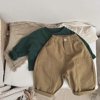 Pantalones de trabajo lavados de color liso para bebé Pantalones de zanahoria sueltos 