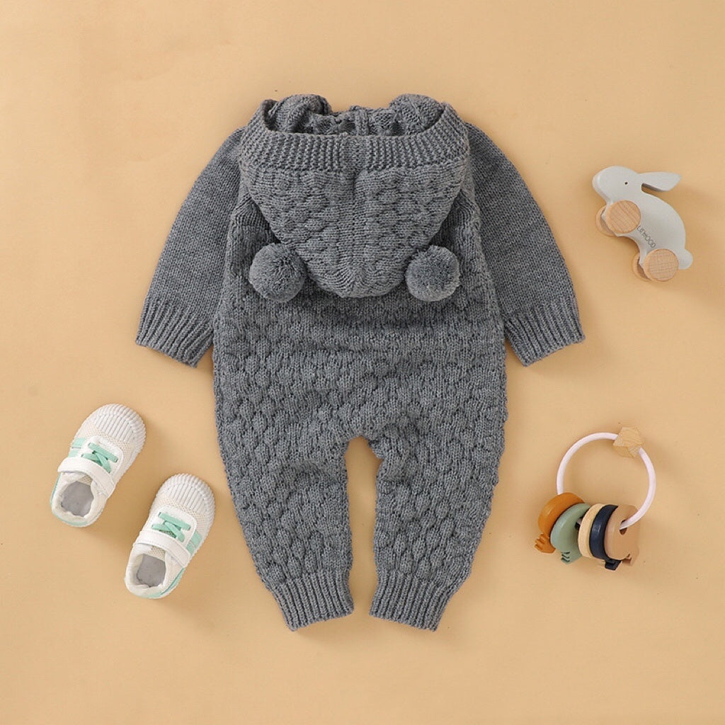 Baby 1pcs Cable Knitted Graphic Button Front Design Rompers With Hairball Patched Hat My Kids-USA