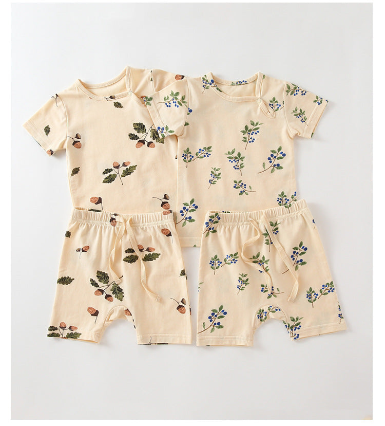 Baby Printed Pattern Round Collar With Button Short-Sleeved Top Combo Shorts Soft Sets My Kids-USA