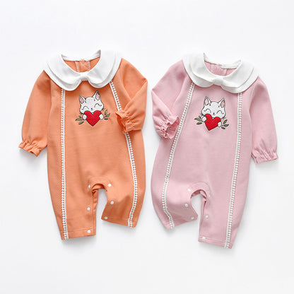 Baby Girl Heart Rabbit Embroidered Pattern Doll Neck Cute Style Rompers My Kids-USA