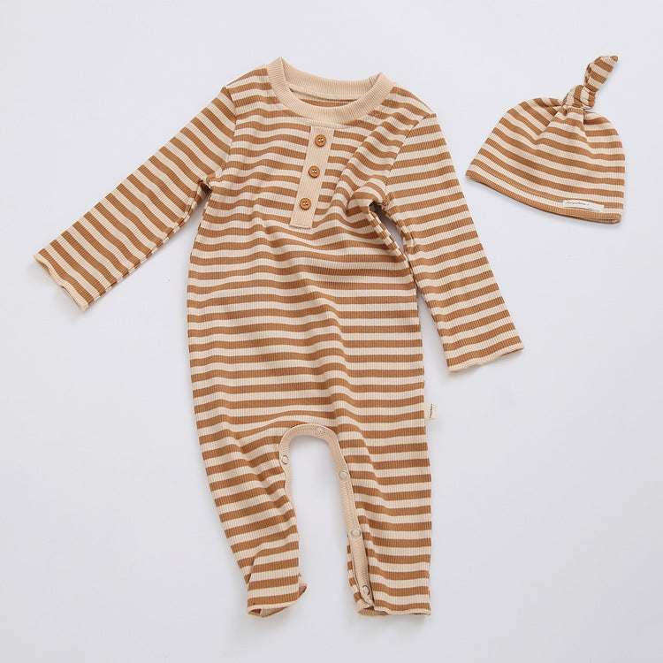 Baby Striped Graphic Quarter Button Design Soft Loose Jumpsuit Romper & Hat Or Headband My Kids-USA