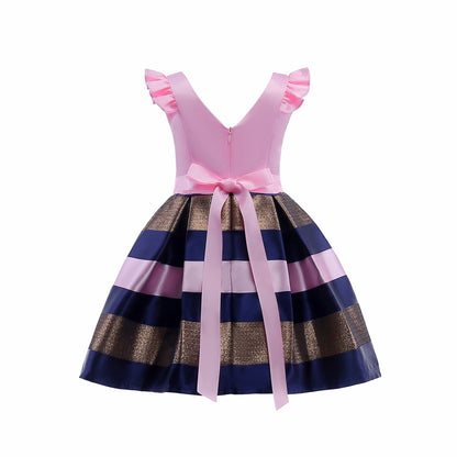 Baby Girl Striped Pattern V-Neck Western Style Formal Dress My Kids-USA