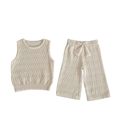 Baby Solid Color Hollow Carved Design Sleeveless Knitted Sets