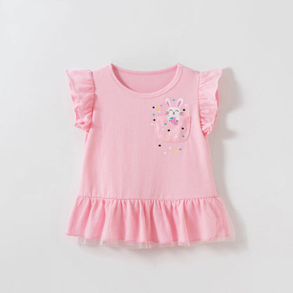 Baby Girl Cartoon Print Pattern Solid Color Flying Sleeve Tops