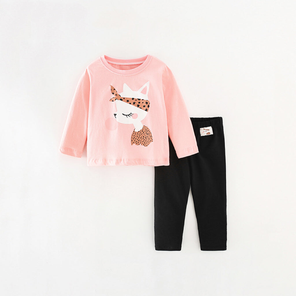 Baby Girl Cartoon Animal Pattern Tops Combo Solid Pants 2 Pieces Sets My Kids-USA