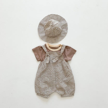Baby Girl Short-Sleeved Plaid Pattern Backpack Pants With Hat Three Piece Sets In Summer My Kids-USA