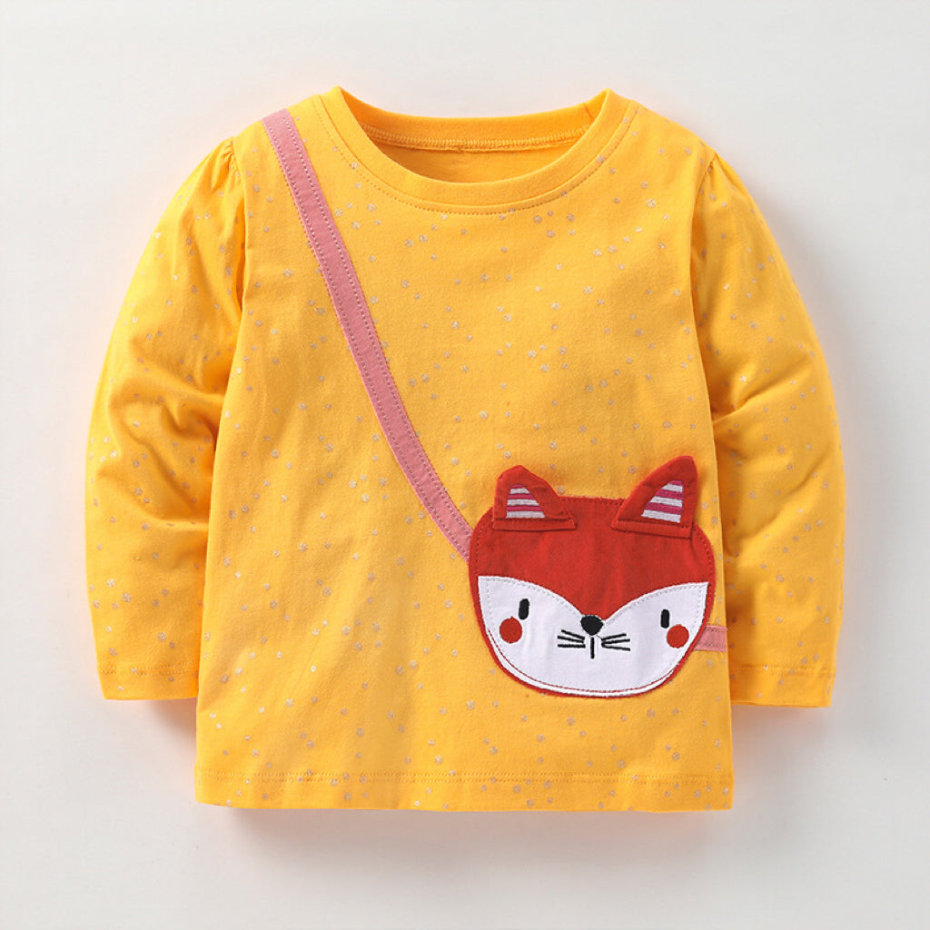 Baby Girl Cartoon Fox Patches Long Sleeve Pullover Shirt My Kids-USA