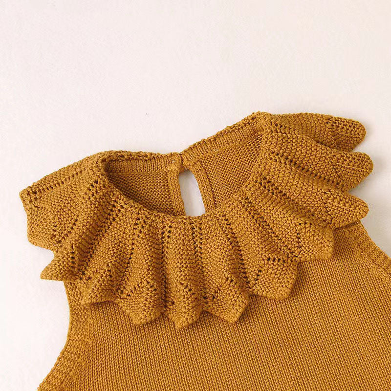 Baby Girl 1pcs Ruffle Neck Solid Color Sleeveless Crotch Design Knitted Rompers My Kids-USA
