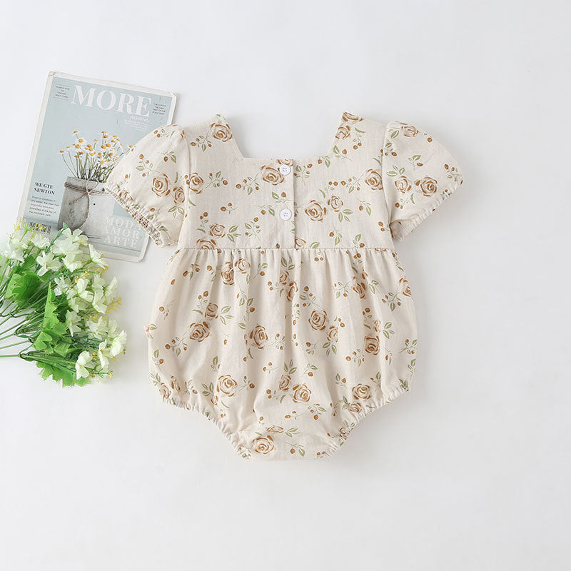 Baby Girl Floral Print Square Collar Short-Sleeved Onesies My Kids-USA