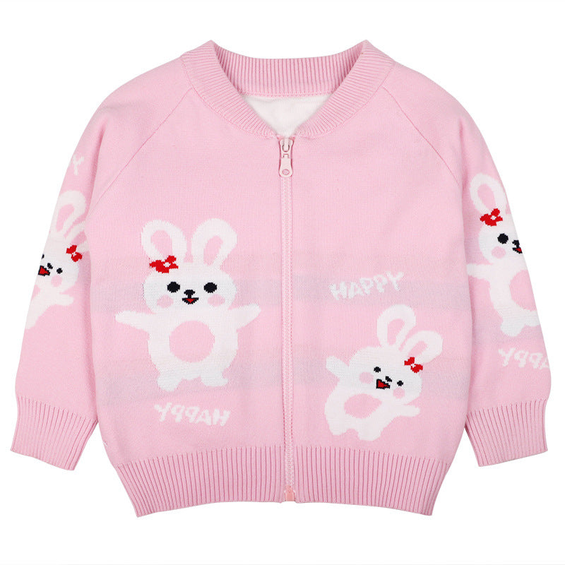Baby Girl Cartoon Bunny Graphic Zipper Front Design Knit Coat My Kids-USA