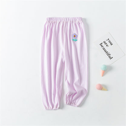 Baby Pattern Embroidery Solid Color Wide-Leg Long Pants With Pockets