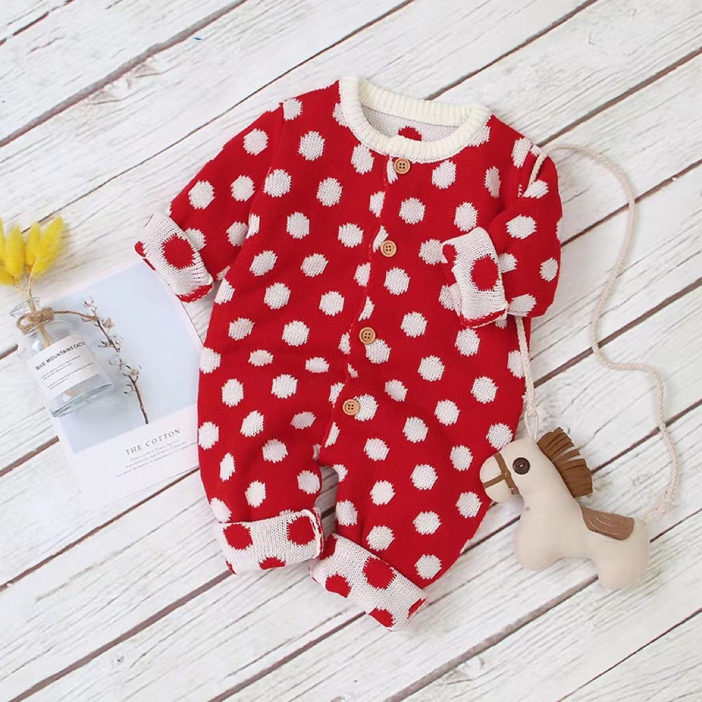 Baby Boy And Girl 1pcs Polka Dot Pattern Button Front Knitted Rompers My Kids-USA