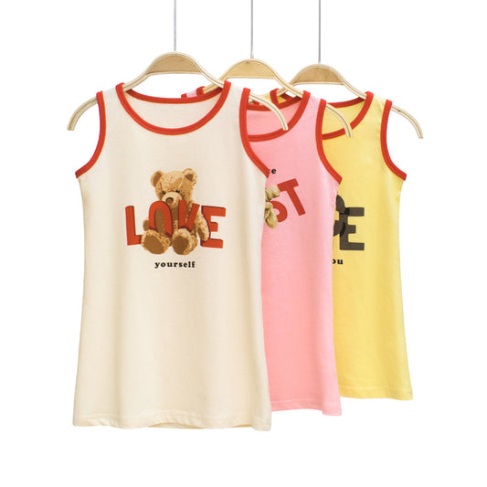 Baby Girl Bear Print Neck Color Matching Design Sleeveless T-Shirt In Summer