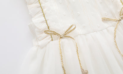 Baby Girl 1pcs Frill Trim Mesh Overlay Design Bow Tie Solid Princess Tutu Dress My Kids-USA