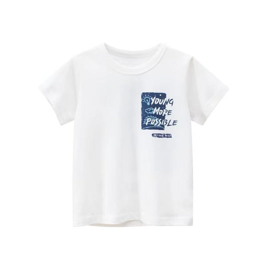 Baby Boy Letter Print Round Neck Short Sleeve Cotton Design Section Children’s Tops In Summer