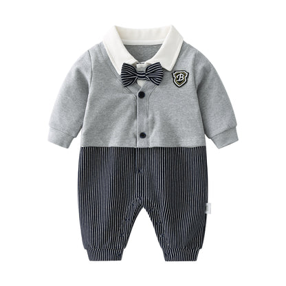Baby Boy Badge Patched Pattern Striped Contrast Design Snap Button Front Bow Tie Rompers My Kids-USA