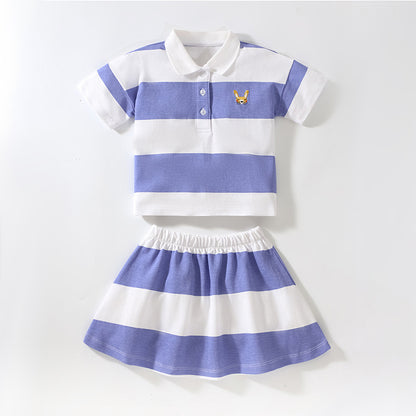Baby Girl Striped Pattern Polo Neck Shirt With Skirt Sets In Summer
