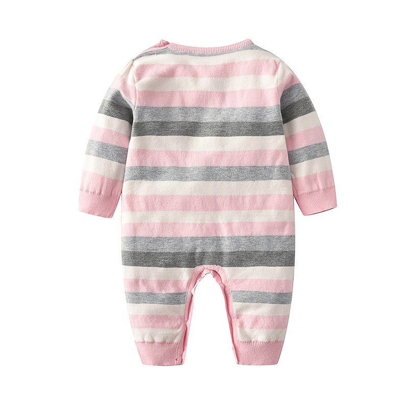 Baby Girl Pink Striped Pattern Embroidered Design Knitted Jumpsuit My Kids-USA