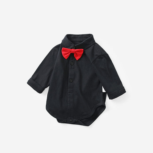Baby Boy Solid Color Bow Tie Patched Design Long Sleeve Onesies My Kids-USA