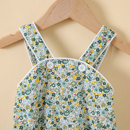 Baby Girl Floral Print Pattern Solid Color Sleeveless Onesies In Summer Outfit Wearing My Kids-USA