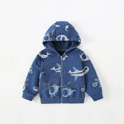 Baby Boy Plane Print Pattern Zipper Cotton Coat In Autumn My Kids-USA