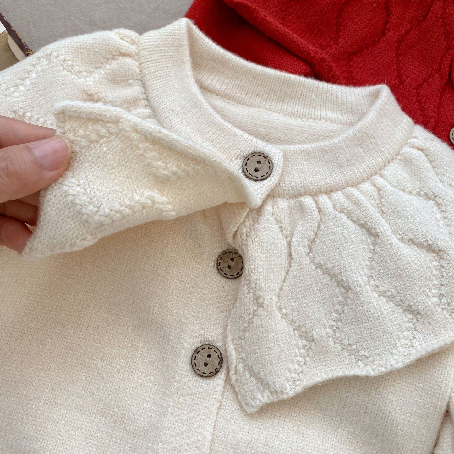 Baby Girl Solid Color Lapel Design Knit Cardigan My Kids-USA