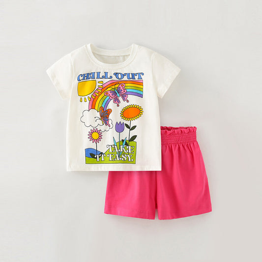 Baby Girl Cartoon Print Pattern Crewneck Tee Combo Shorts Sets
