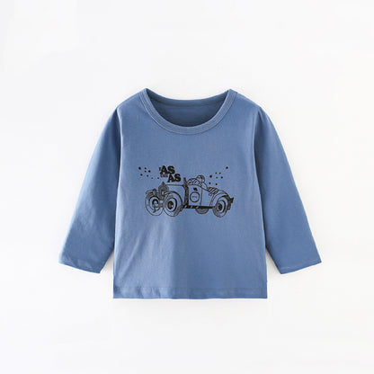 Baby Truck Pattern Round Collar Long Sleeve Pullover Fashion Shirt