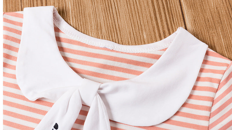 Baby Girl Bow Design Striped Pattern Small Bee Embroidery Hem Ruffle Short Sleeve Dress
