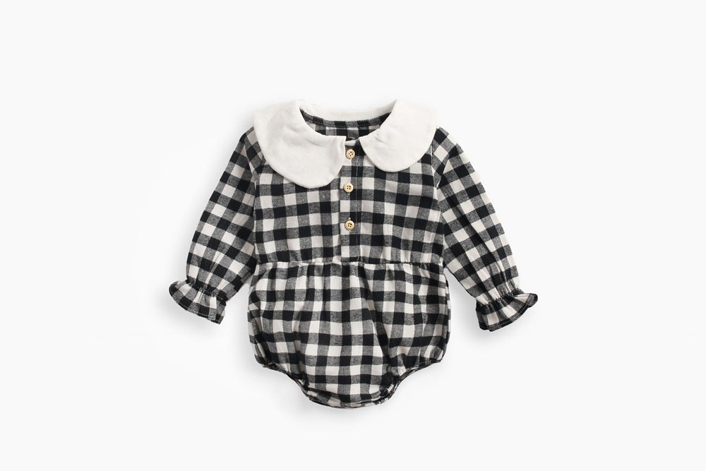 Baby Girl Plaid Pattern Doll Collar Design Long Sleeve Onesies With Buttons My Kids-USA