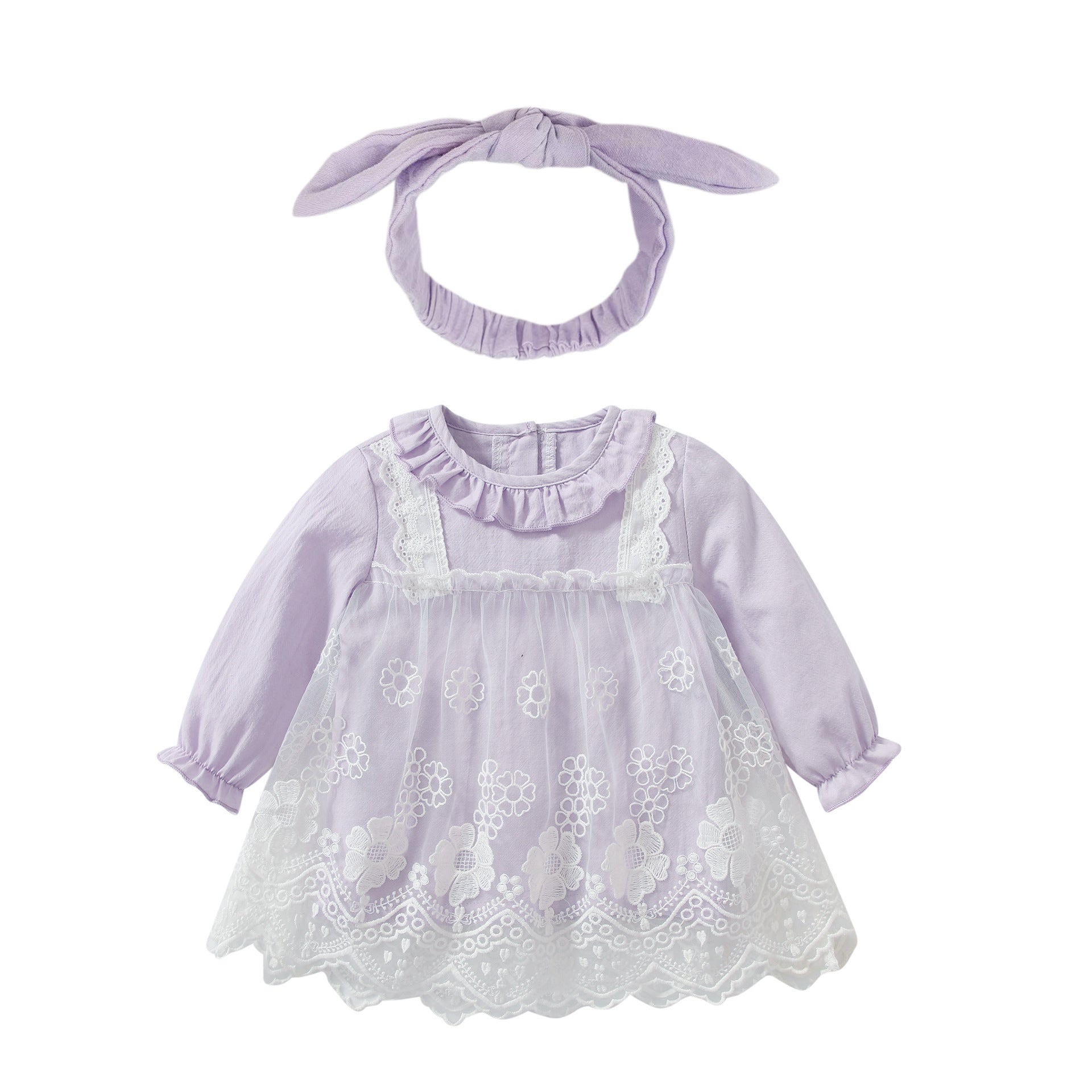 Baby Girl Solid Color Floral Embroidered Lace Patchwork Design Long-Sleeved Dress My Kids-USA
