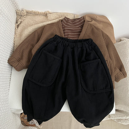 Baby Solid Color Casual Double Layel Thickened Vintage Style Pants My Kids-USA