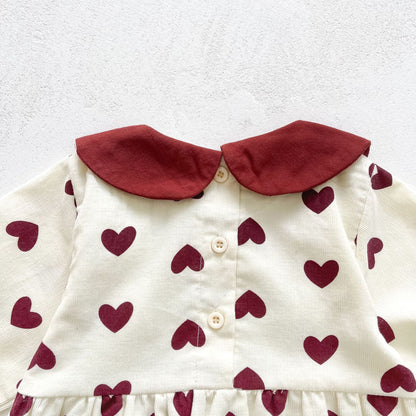 Baby Girls Heart Print Corduroy Doll Collar Long Romper