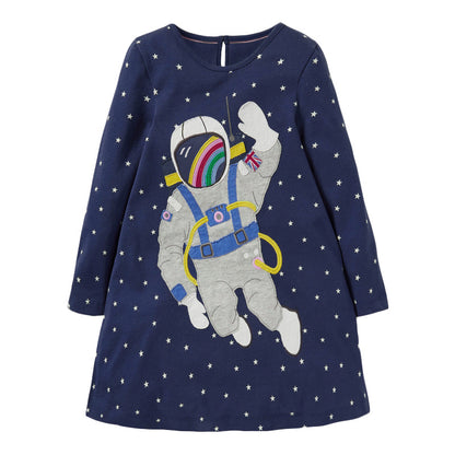 Baby Girl Astronaut & Star Pattern Long Sleeves A-Line Dress My Kids-USA