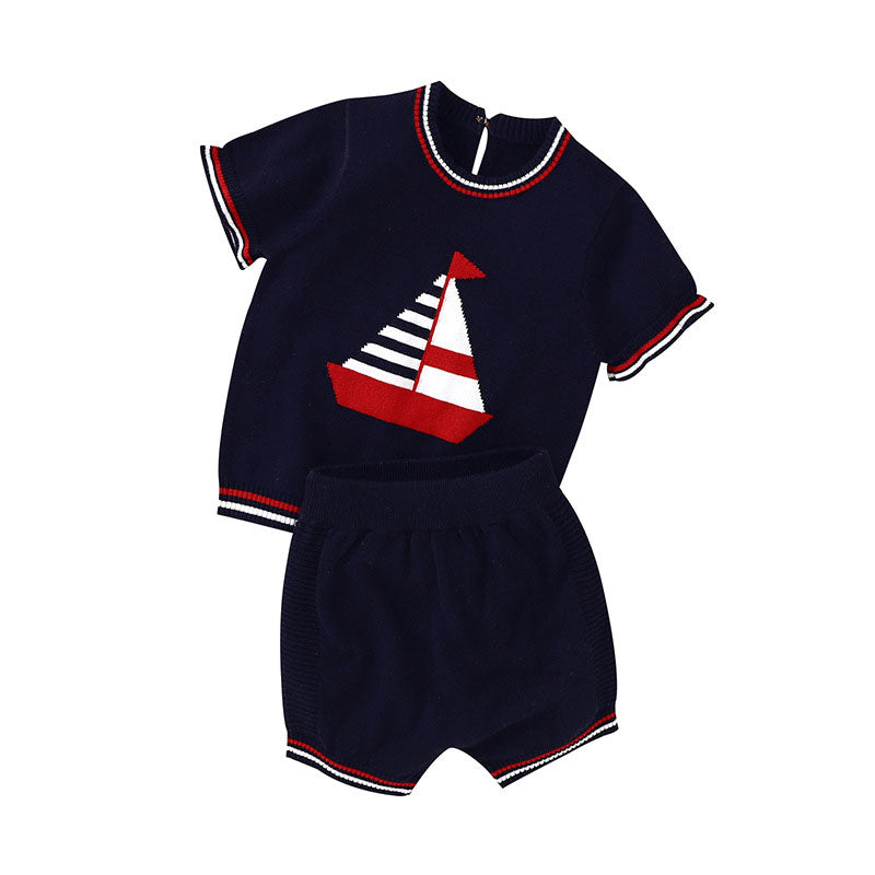 Baby Boy Embroidered Graphic Striped Neck & Sleeve Design Tee Combo Shorts Sailor Style Sets My Kids-USA