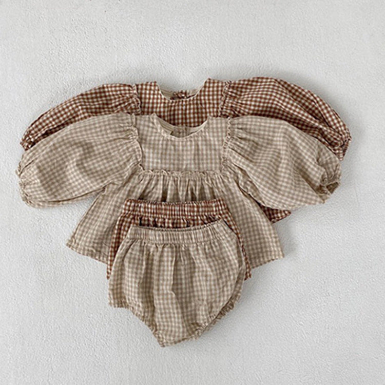 Baby Girl Plaid Pattern Loose Blouses WIth Shorts Headband 3 Pieces Sets