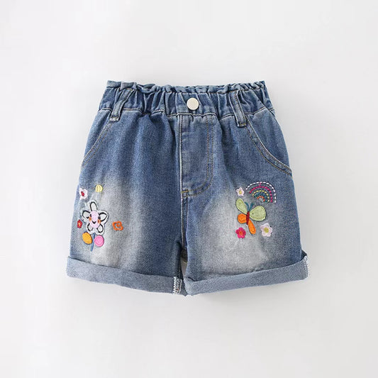 Baby Girl Embroidered Graphic Denim Blue Shorts