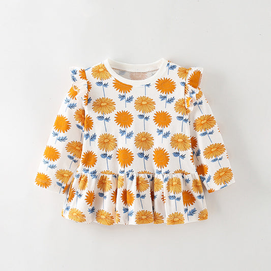 Baby Girl Floral Print Pattern Ruffle Design Crewneck Beautiful Tops
