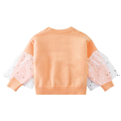 Baby Girl Conchet Knit Pattern Mesh Puff Sleeves Knit Sweater My Kids-USA
