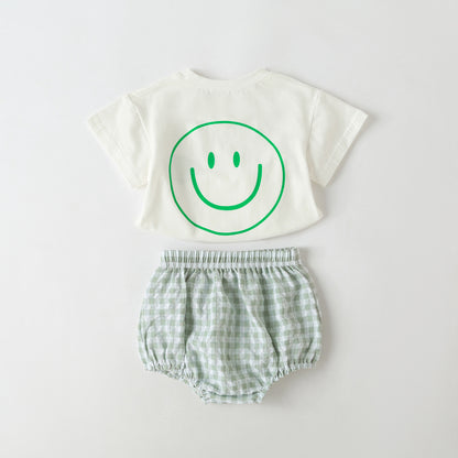 Baby Smiley Print Pattern Solid Tee Combo Plaid Pattern Triangle Shorts Sets My Kids-USA