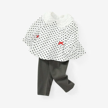 Camisa de solapa de estilo dulce con patrón de lunares para niña bebé con conjuntos de pantalones sólidos 