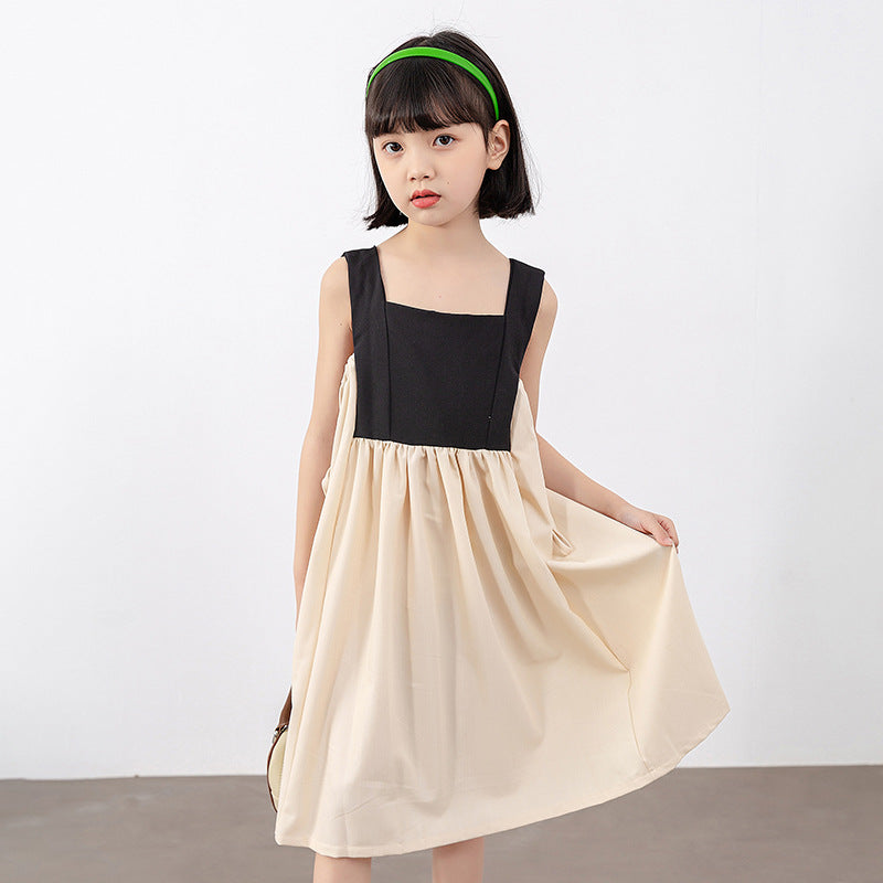 Girls Colorblock Design Square Neck Sleeveless Dress