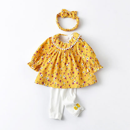 Baby Girl Floral Print Pattern Doll Neck Shirt Combo Pants Sets My Kids-USA